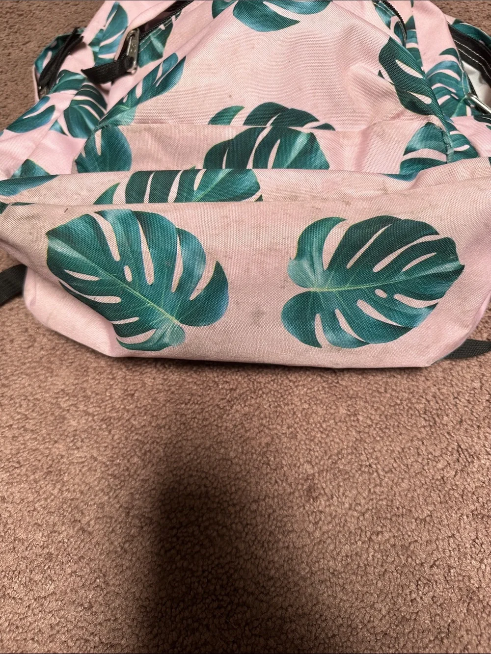 Jansport Pink Backpack with Green Tropical Leaf Print